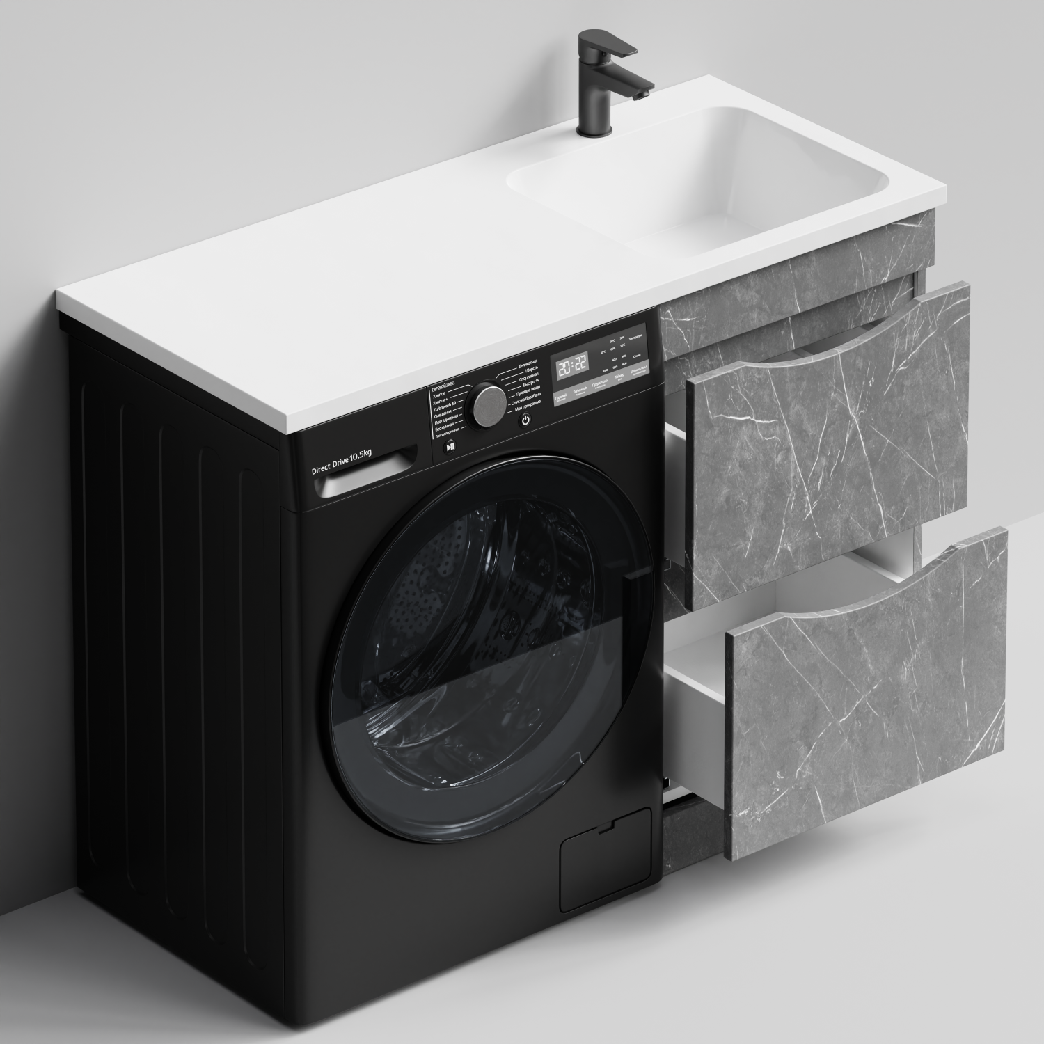 Тумба Vod-ok 48 с раковиной Смайл 110 напольная, под стиральную машину, правая, Мрамор Серый софт тач