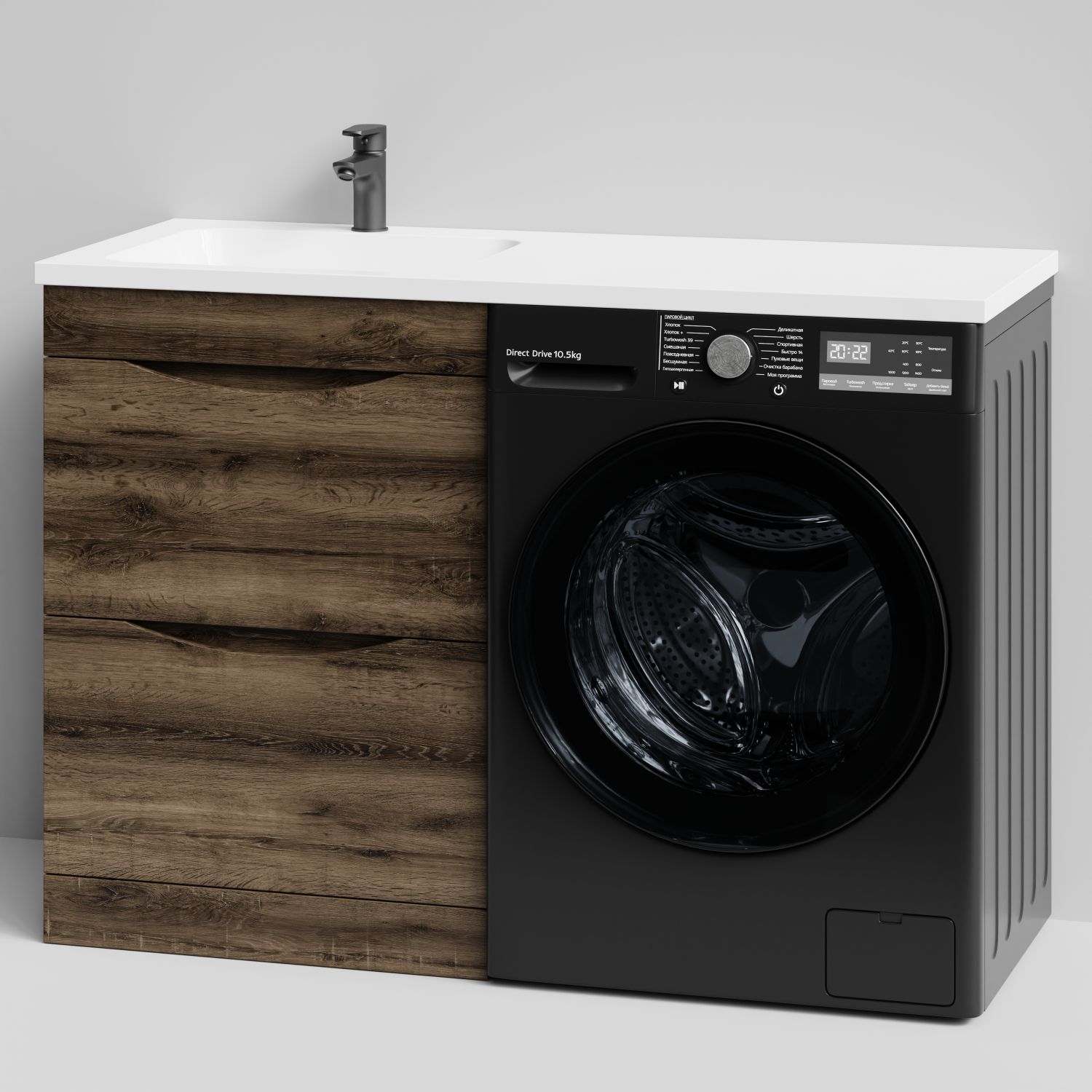 Тумба Vod-ok 58 с раковиной Смайл 120 напольная, под стиральную машину, левая, Дуб крымский коричневый