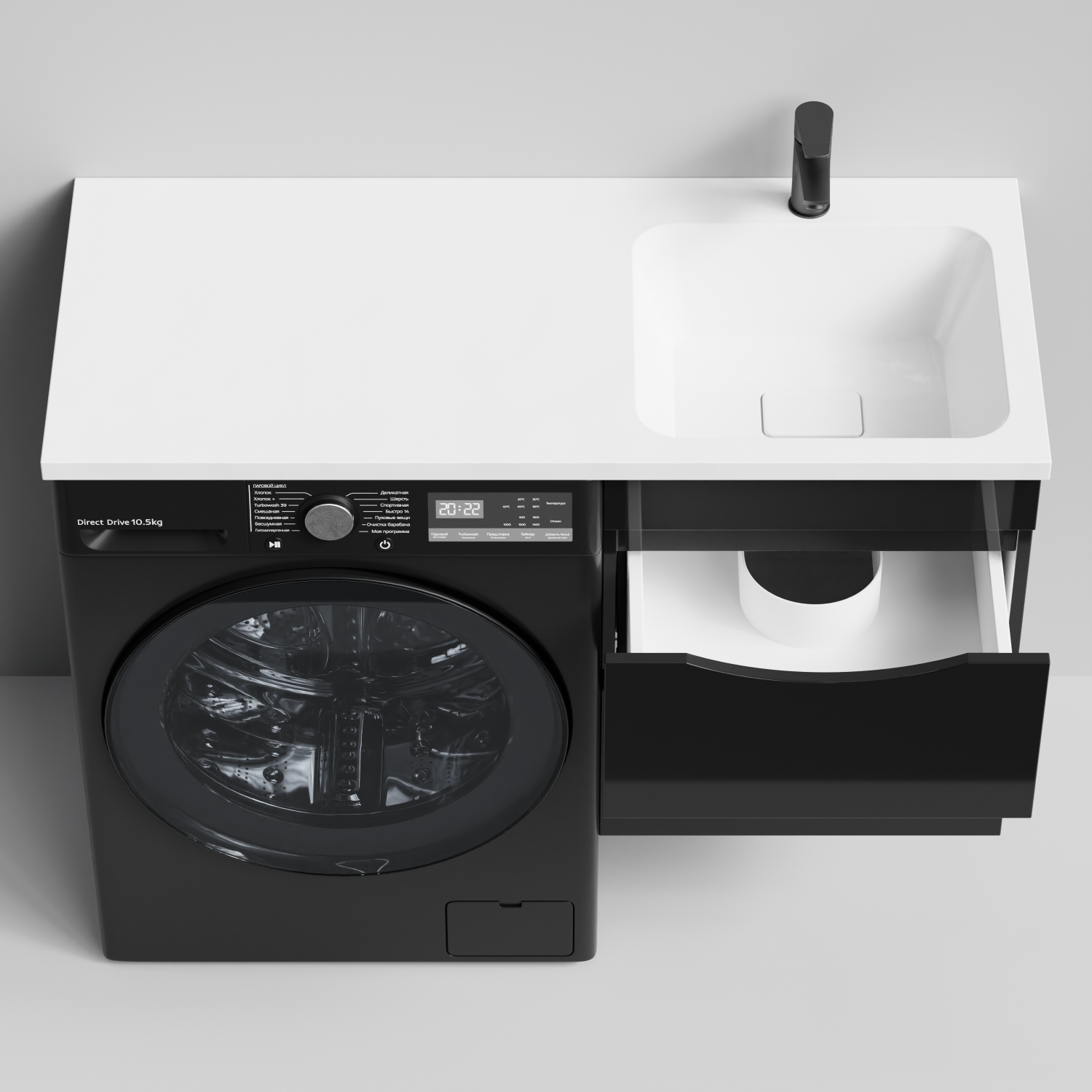 Тумба Vod-ok 48 с раковиной Смайл 110 подвесная, под стиральную машину, правая, черный глянец