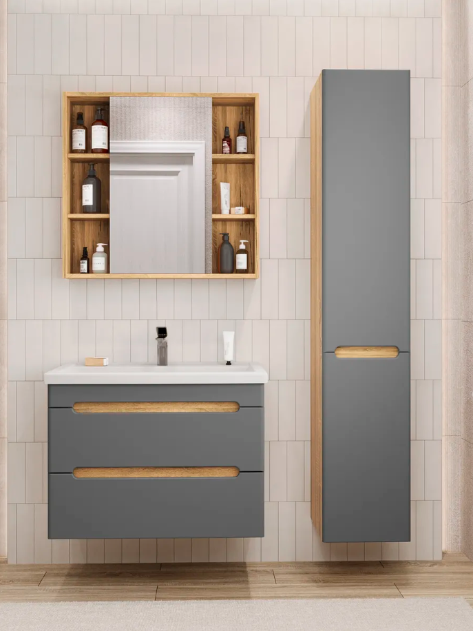 Тумба подвесная SanStar Diva 80 с раковиной Фостер 80, дуб вотан, графит софт