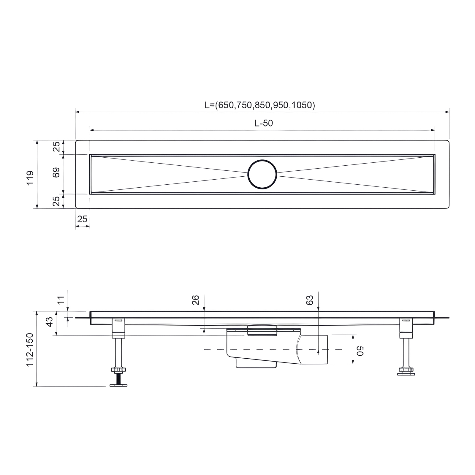 Душевой лоток TIMO Drain System 700 с вставкой "lines", Сатин