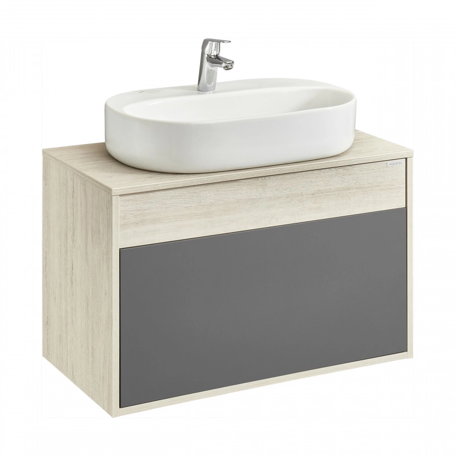 Тумба подвесная Aquaton Лофт Урбан 80 с раковиной Одри 42x62 Round, серый графит, дуб орегон
