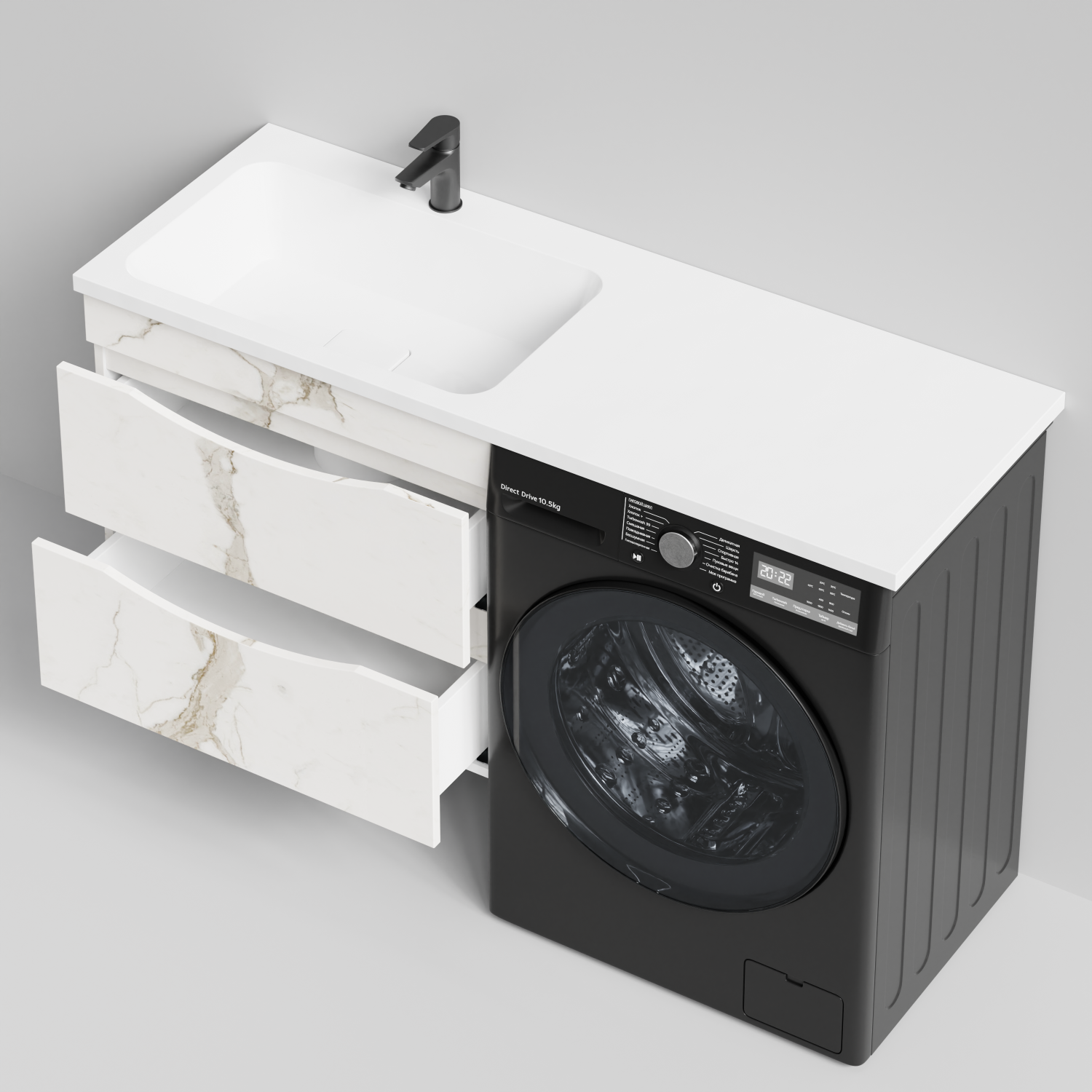 Тумба Vod-ok 68 с раковиной Смайл 130 подвесная, под стиральную машину, левая, Мрамор Белый натур милк