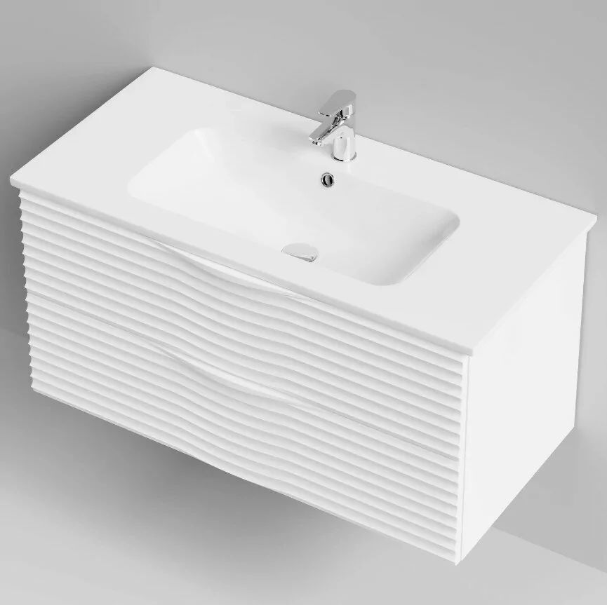 Тумба с раковиной Vod-ok Elite Эйфория 100 F2 волна, подвесная, два ящика, белый матовый