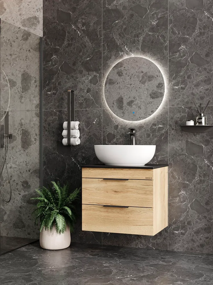 Тумба подвесная Onika Легран 60 с черной столешницей, дуб галифакс