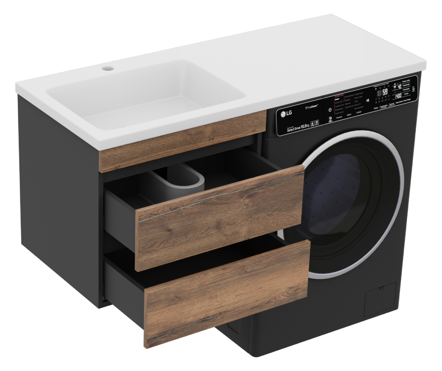 Тумба с раковиной Misty Коломбо 60 под стиральную машину подвесная с раковиной Эстет Даллас 120 R, дуб галифакс/антрацит