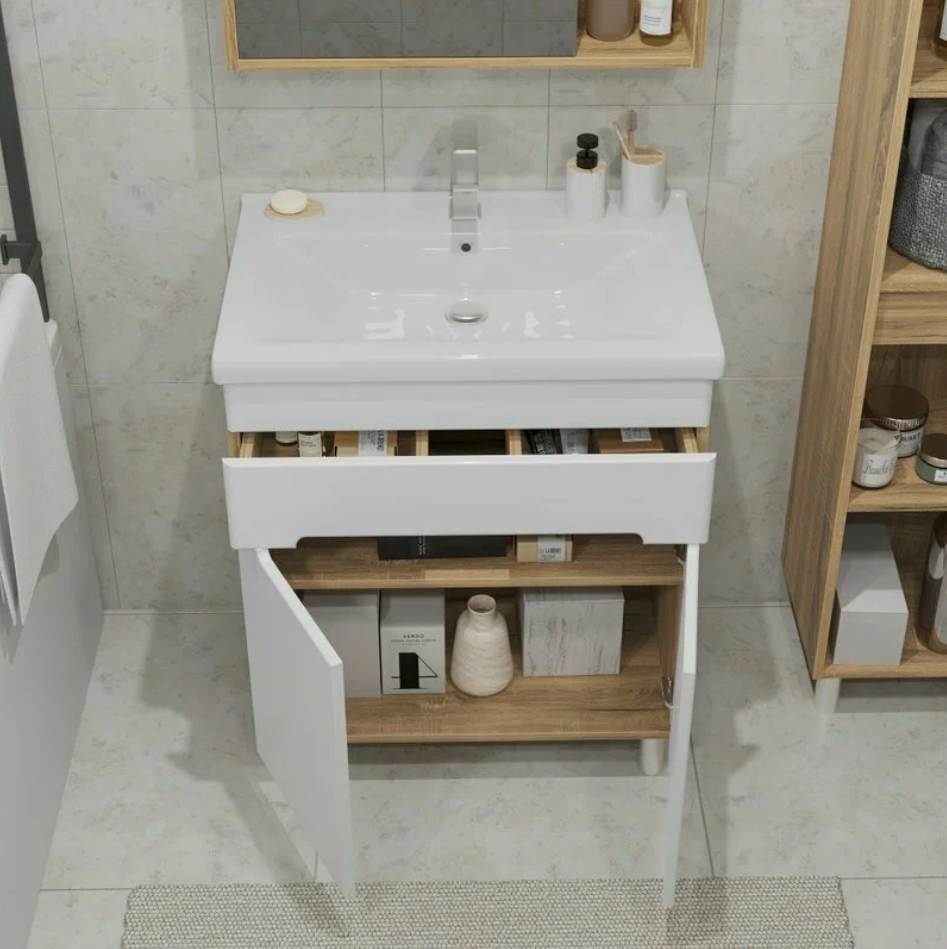 Тумба напольная SanStar Модена 70 с раковиной Миранда 70 белая, дуб вотан