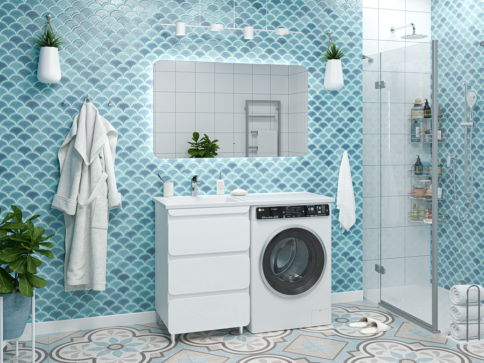 Тумба напольная Misty Чегет 55 под стиральную машину, с раковиной Эстет Даллас 120 L, белый