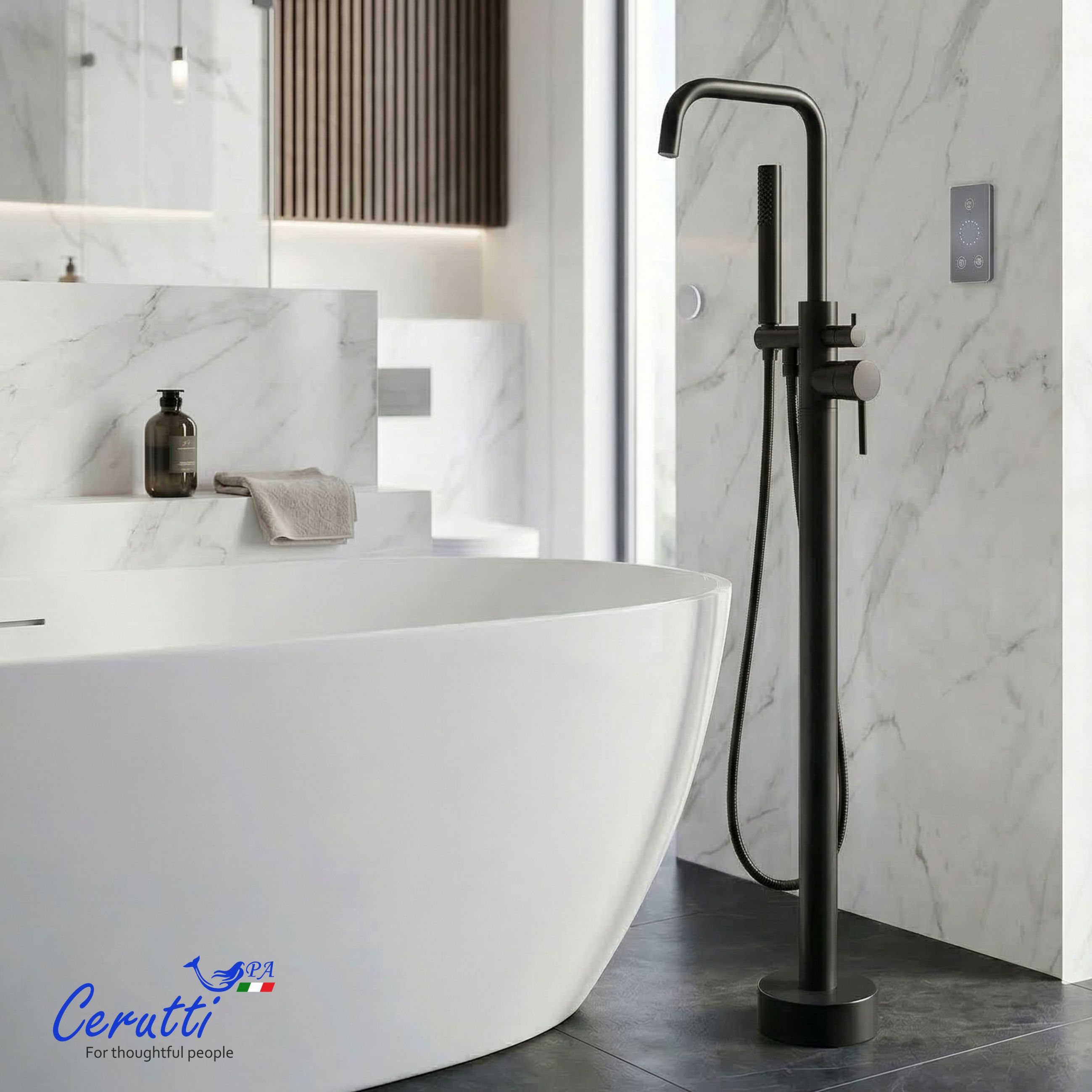 Смеситель напольный Ceruttispa Афра B (AFRA B) из нержавеющей стали, цвет черный матовый