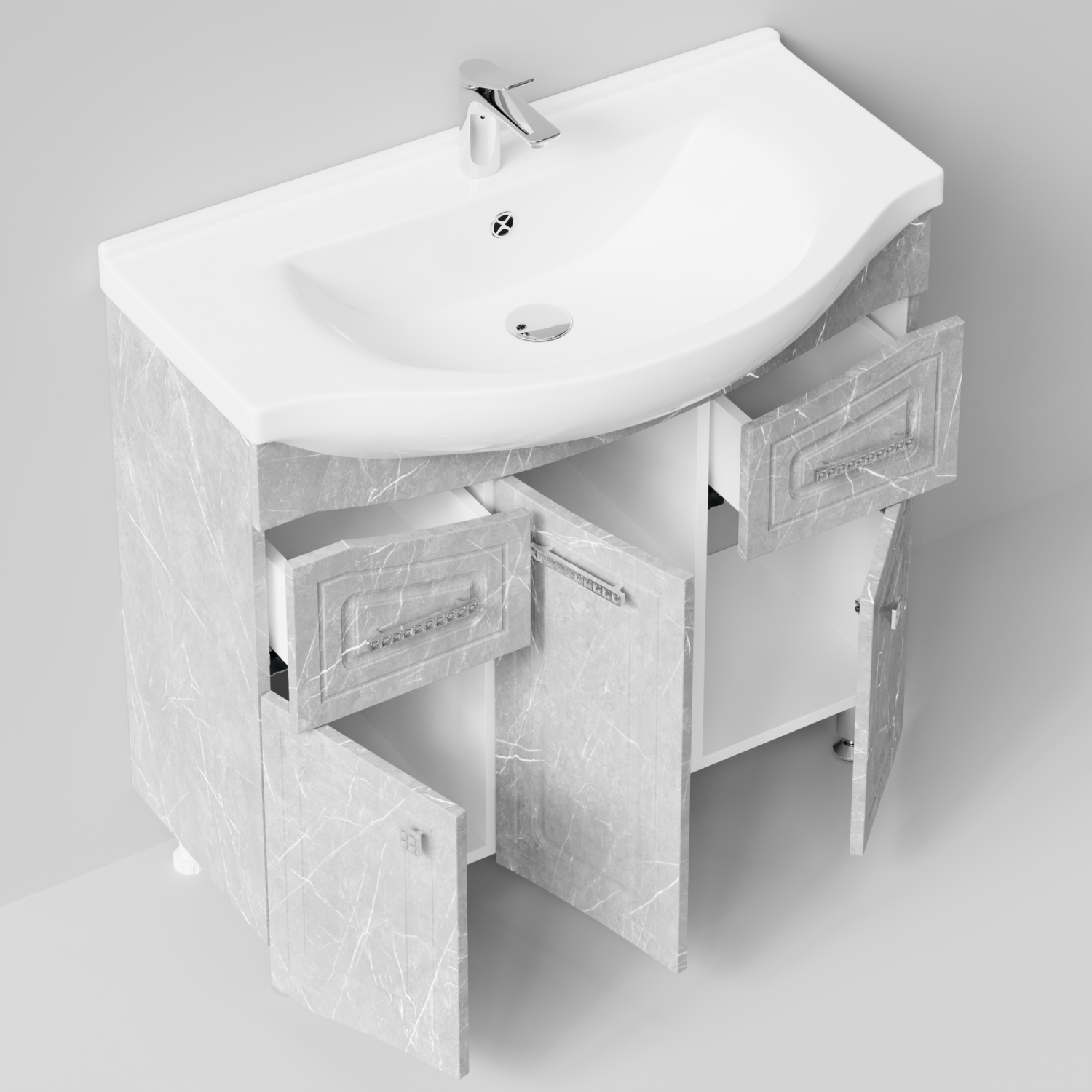 Тумба с раковиной Адам 90 напольная, Мрамор Белый софт тач, петли слева