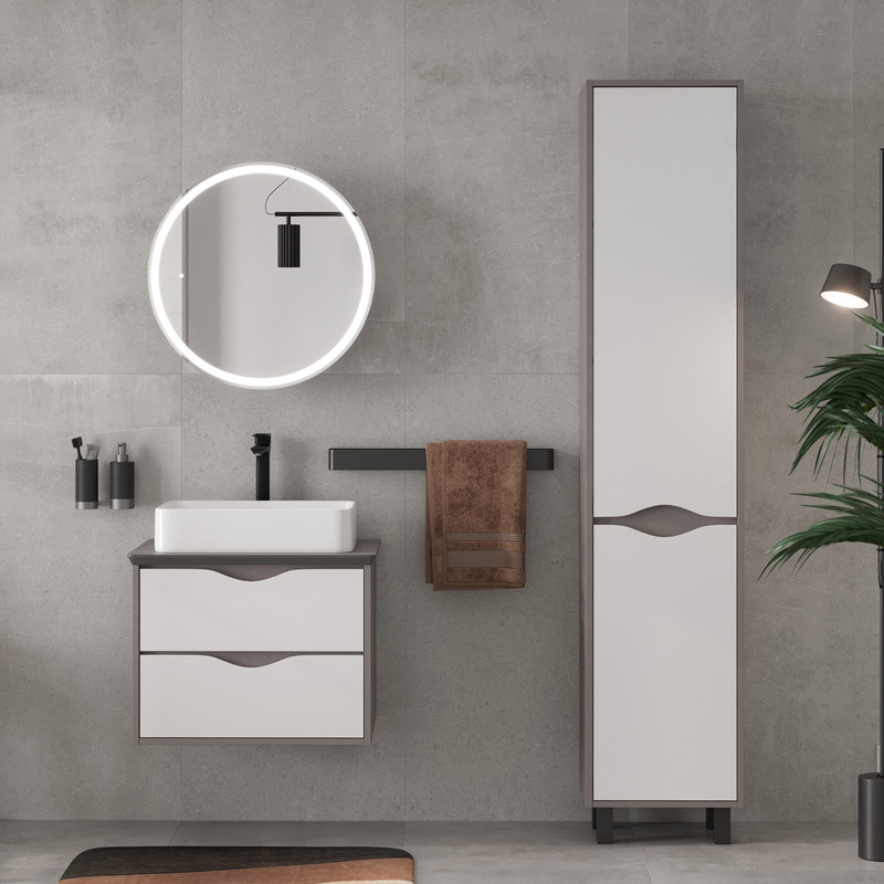 Тумба подвесная EQUIL Smile 60 столешница 60, раковина накладная Smile/Ferro, 2 ящика, белый/лен антрацит