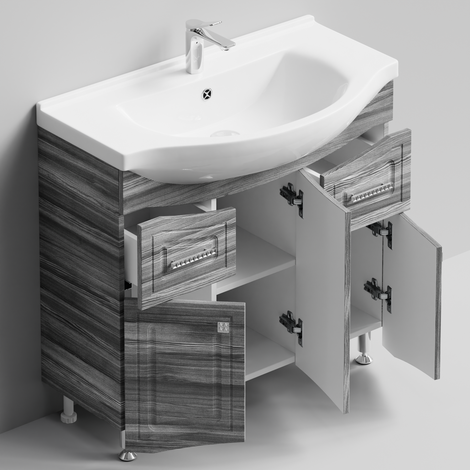 Тумба с раковиной Адам 90 напольная, Лиственница структурная контрастно-серая, петли справа