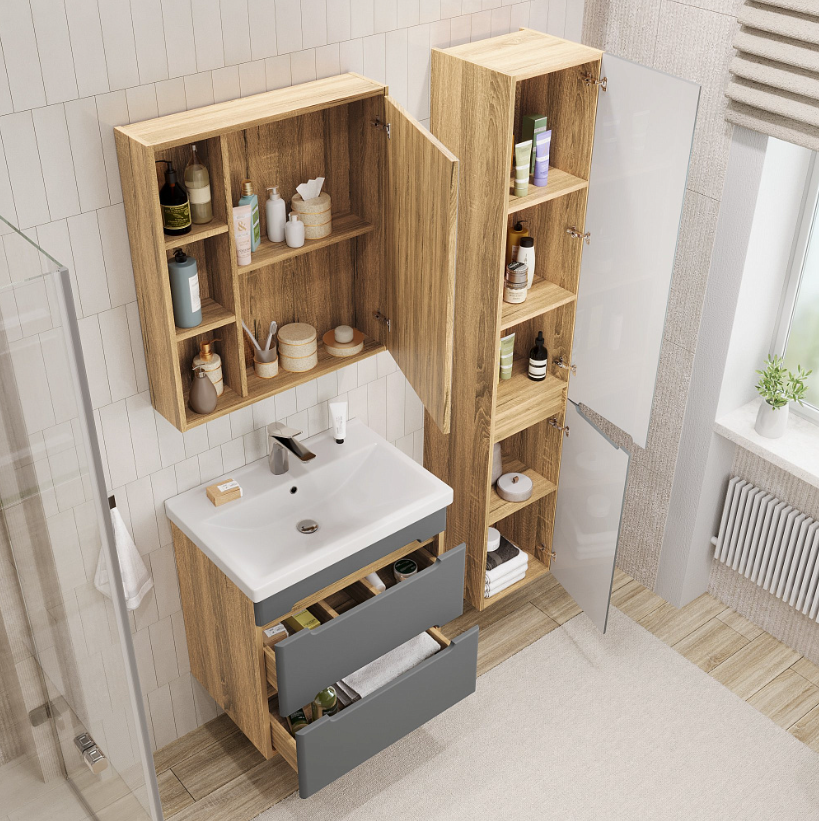 Тумба подвесная SanStar Diva 60 с раковиной Фостер 60, дуб вотан, графит софт