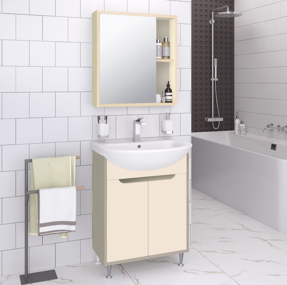 Тумба напольная Runo Эконова 60 с раковиной Уют 60, 2 двери, какао-бежевый