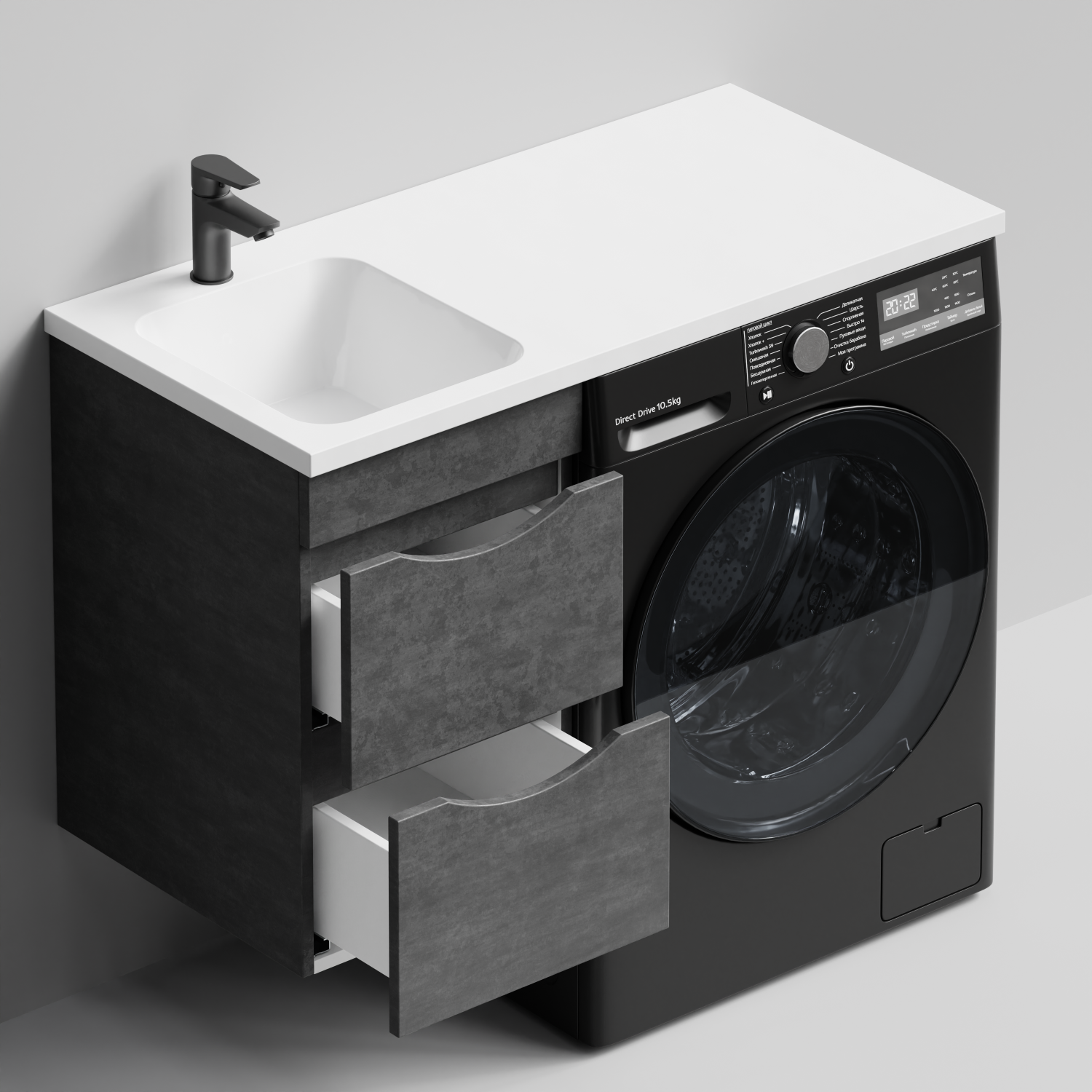 Тумба Vod-ok 38 с раковиной Смайл 100 подвесная, под стиральную машину, левая, Серый камень