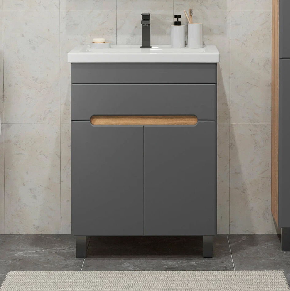 Тумба напольная SanStar Модена 50 с раковиной Фест 50, графит софт