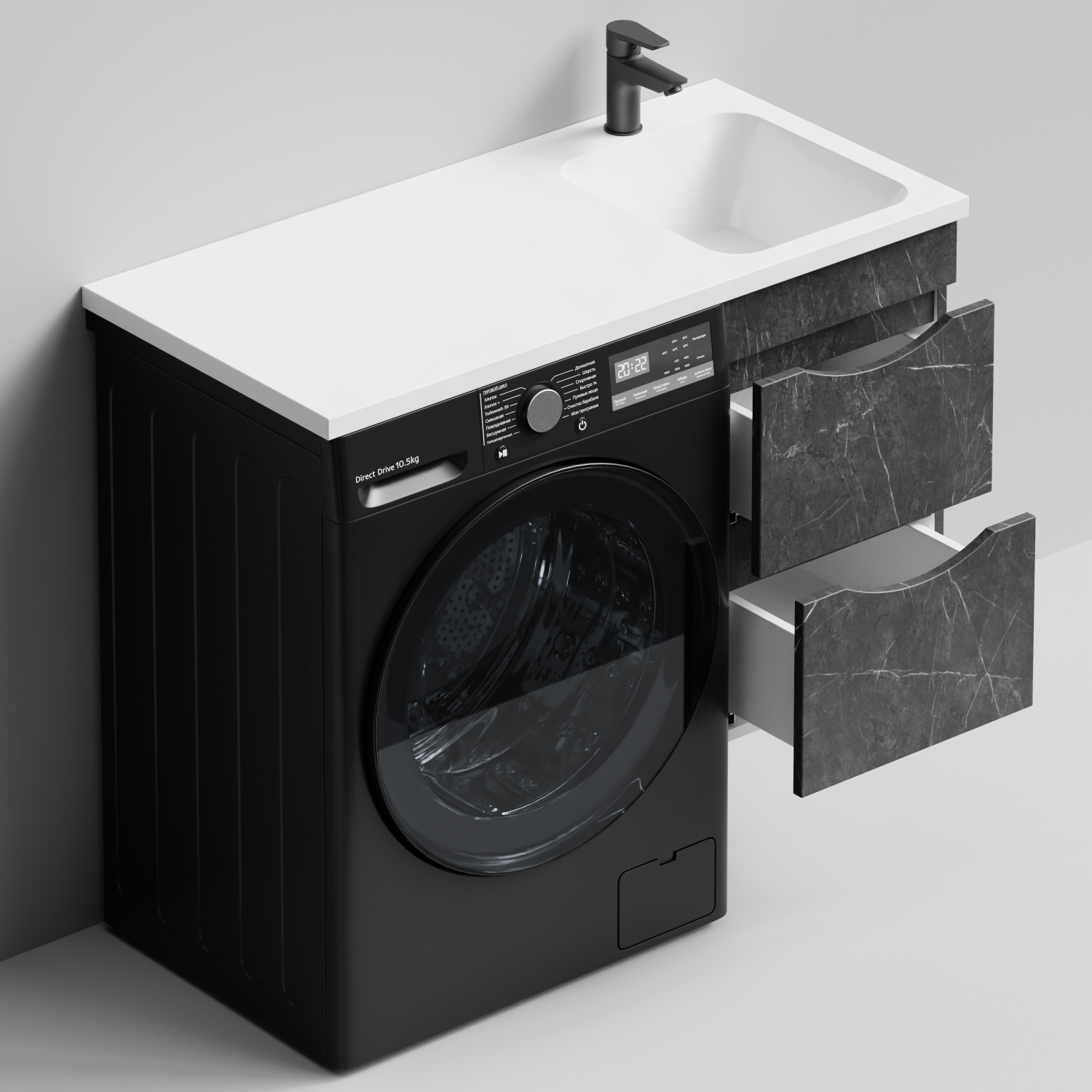 Тумба Vod-ok 38 с раковиной Смайл 100 подвесная, под стиральную машину, правая, Мрамор Графит софт тач