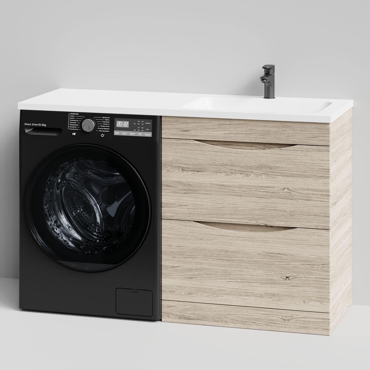 Тумба Vod-ok 68 с раковиной Смайл 130 напольная, под стиральную машину, правая, Дубослив ореховый светлый