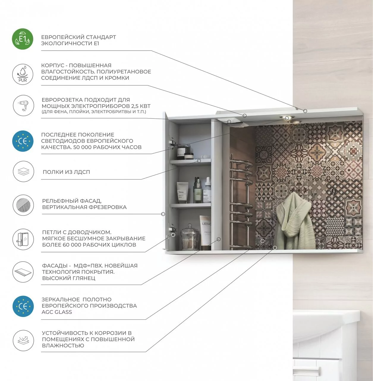 Зеркало с шкафчиком Vigo Diana 100 L подсветка, белый