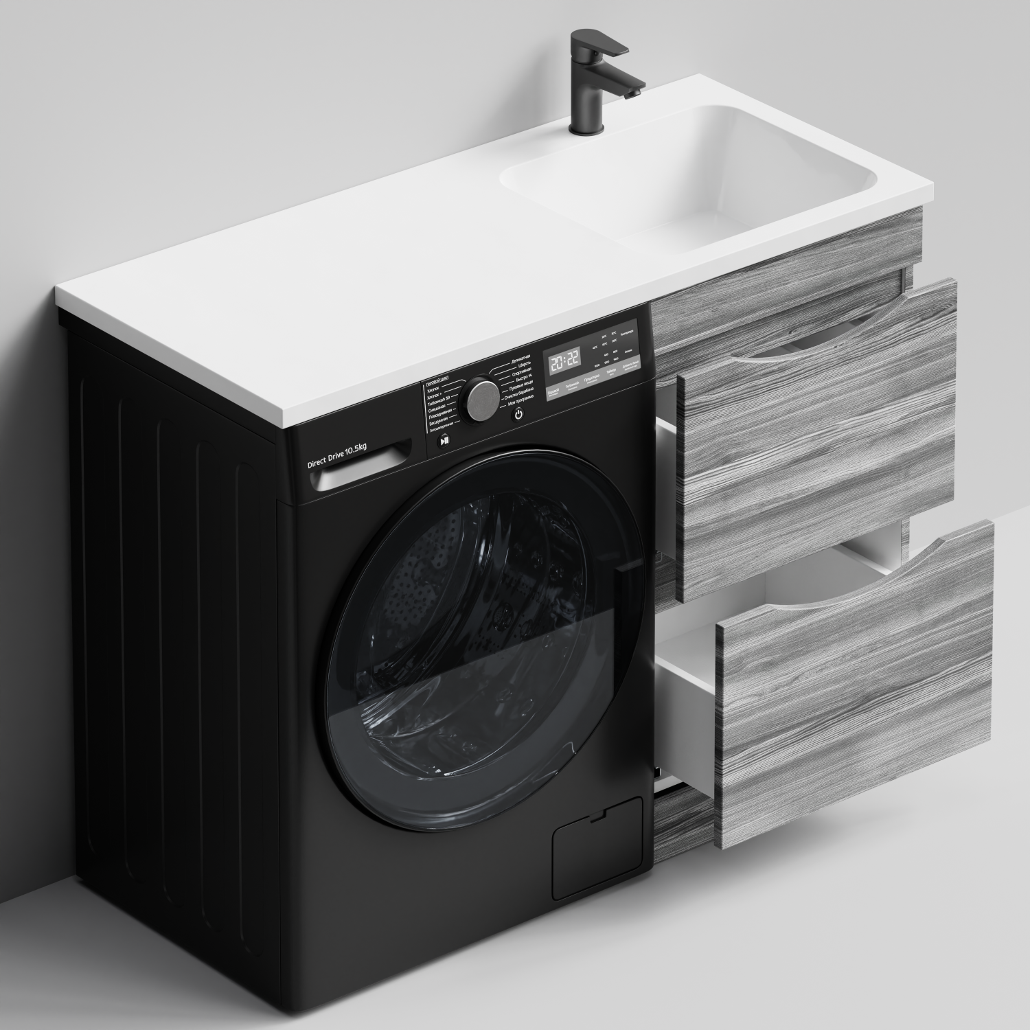 Тумба Vod-ok 48 с раковиной Смайл 110 напольная, под стиральную машину, правая, Лиственница структурная контрастно-серая