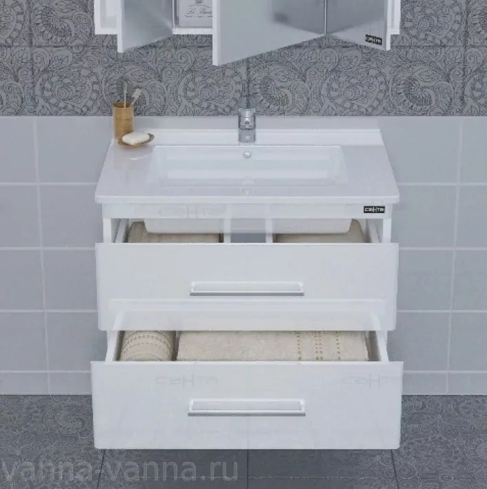 Тумба подвесная Санта Вегас 75 с раковиной Оскар 75, 2 ящика, белая