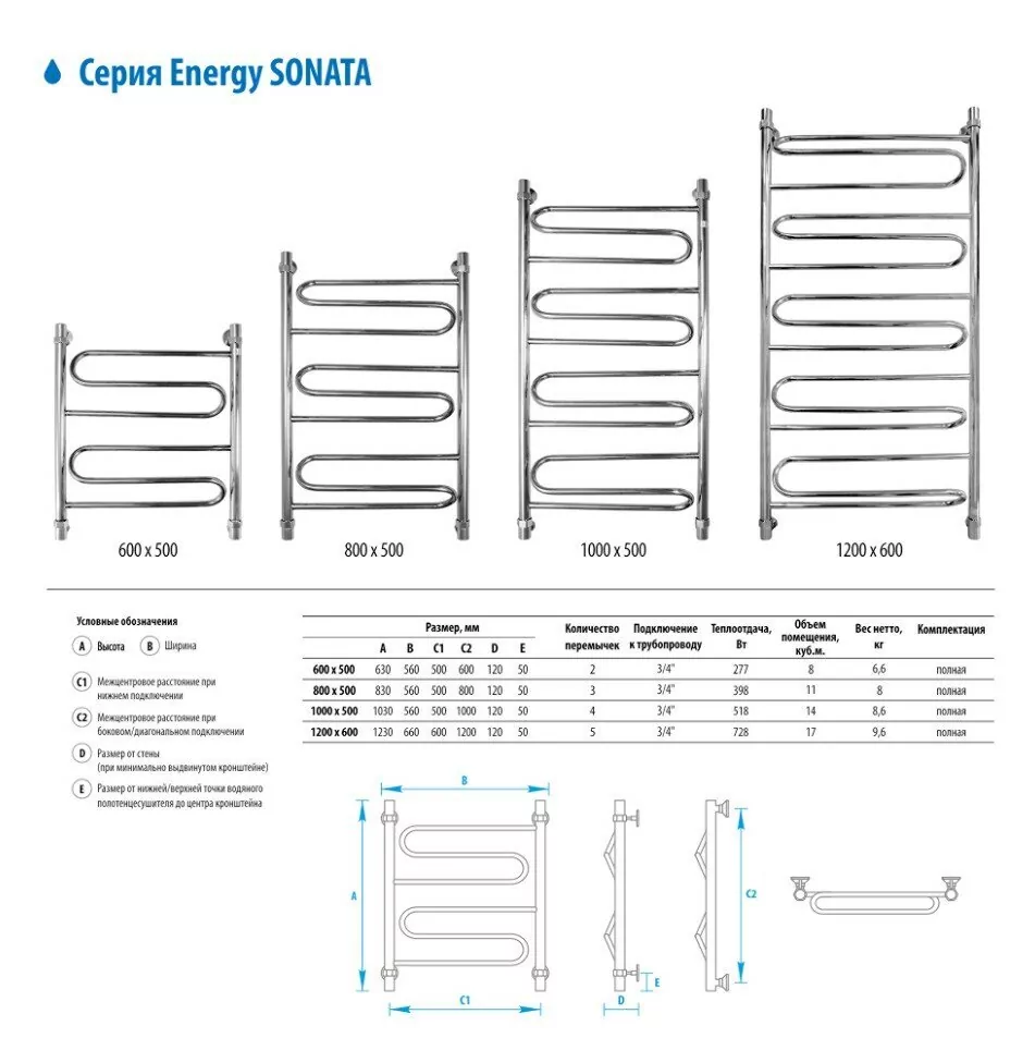 Полотенцесушитель водяной Energy Sonata 600х500 хром
