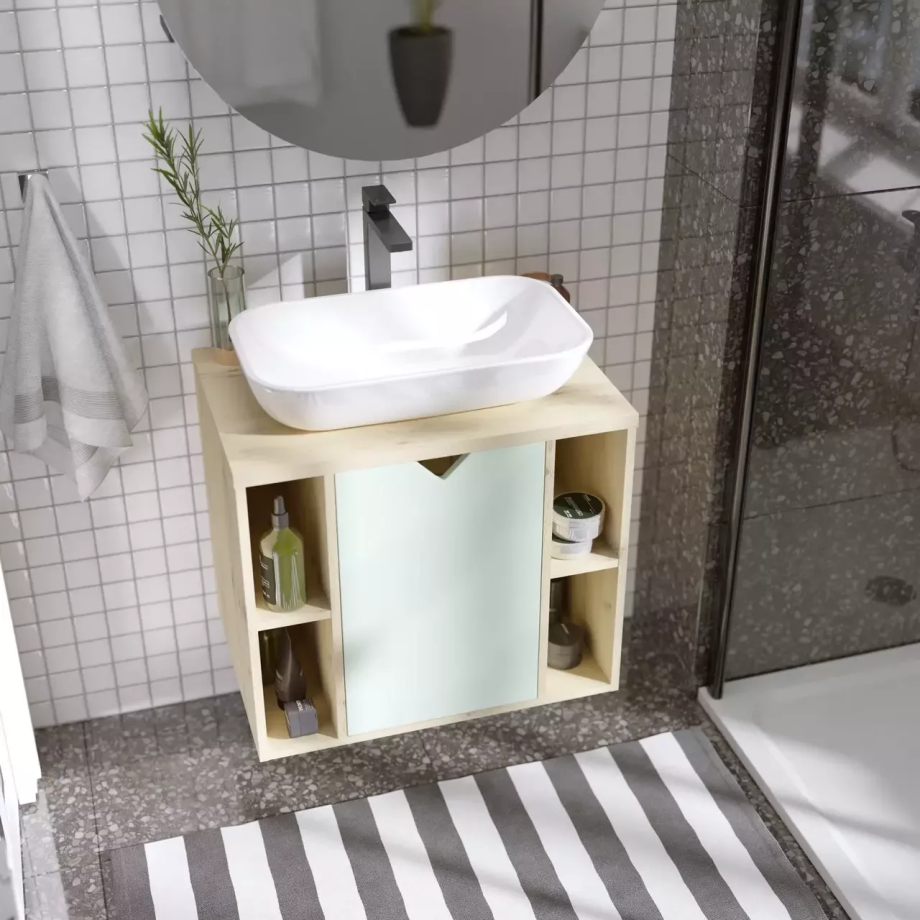 Тумба подвесная 1Marka Delta 70П с раковиной Infinity 60, 1 дверь, мята софт