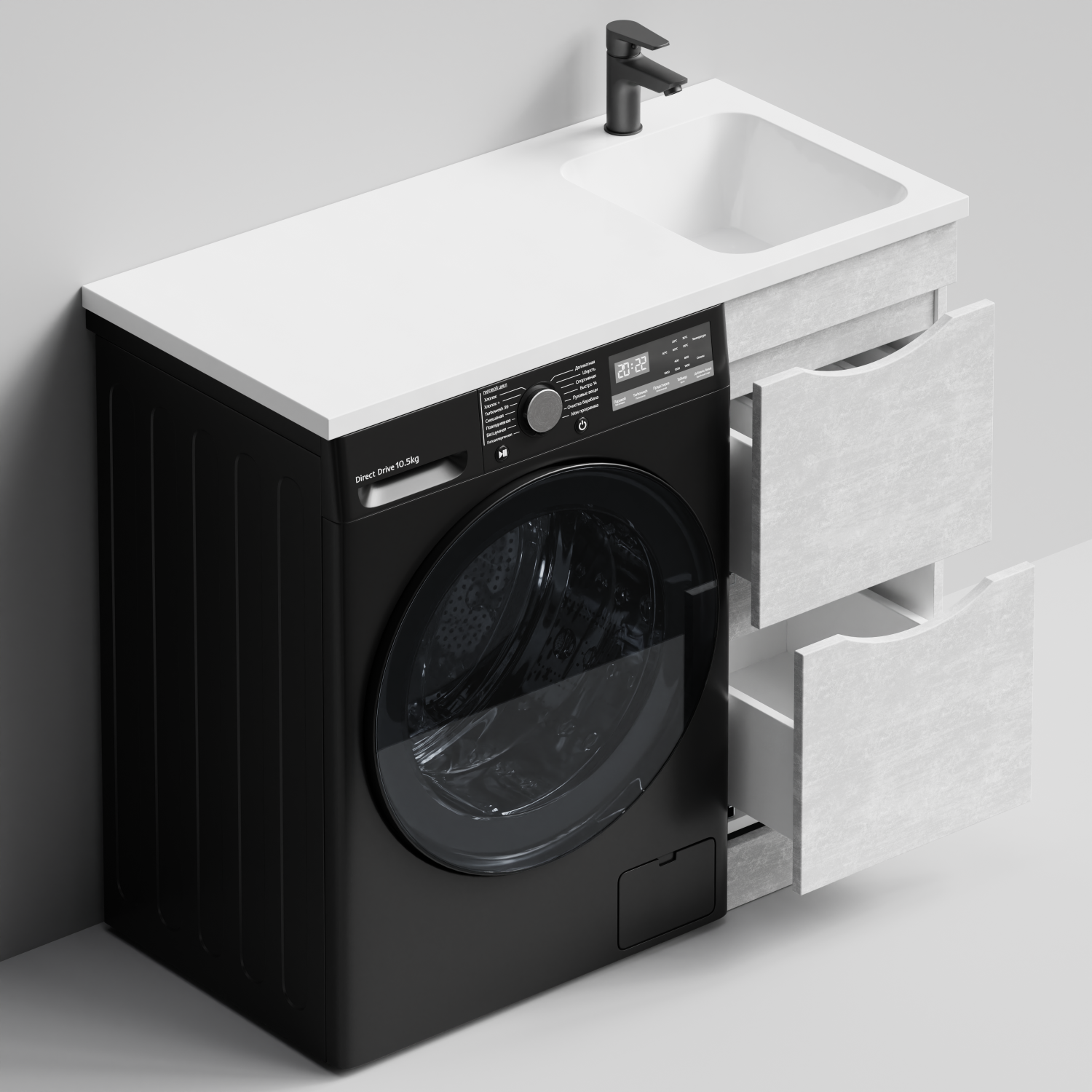 Тумба Vod-ok 38 с раковиной Смайл 100 напольная, под стиральную машину, правая, Белый камень