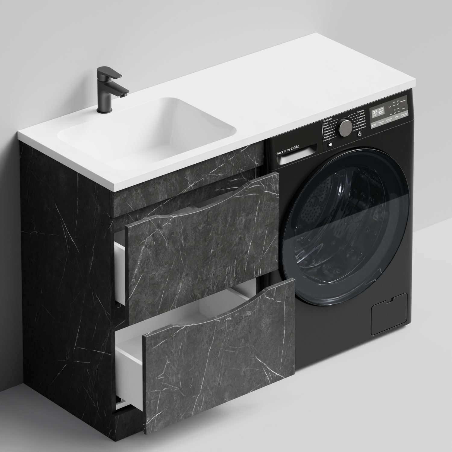 Тумба Vod-ok 58 с раковиной Смайл 120 напольная, под стиральную машину, левая, Мрамор Графит софт тач