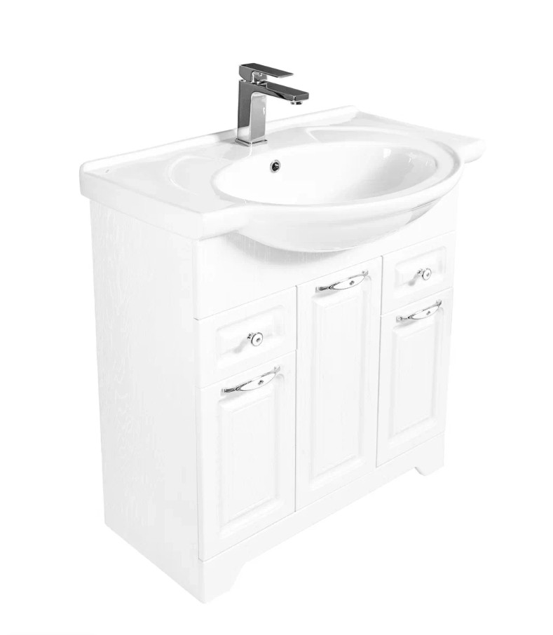 Тумба напольная Stella Polar Кармела 75 с раковиной Эльбрус 75, 2 ящ, 3 двери, Люкс белое серебро