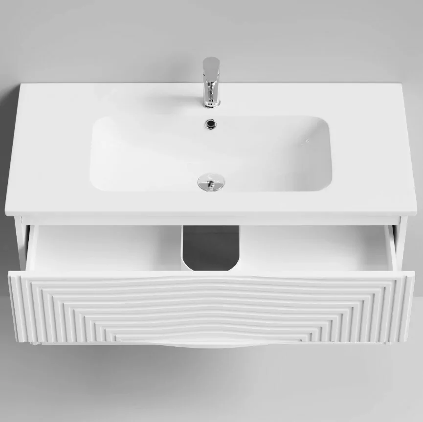 Тумба с раковиной Vod-ok Elite Эйфория 100 F5 волна линии, подвесная, два ящика, белый матовый
