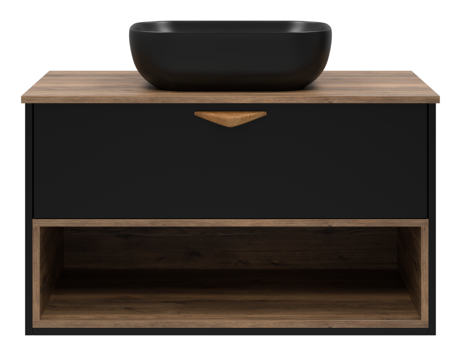 Тумба с раковиной Brevita Bergen 90 с подсветкой подвесная, черный/дуб галифакс