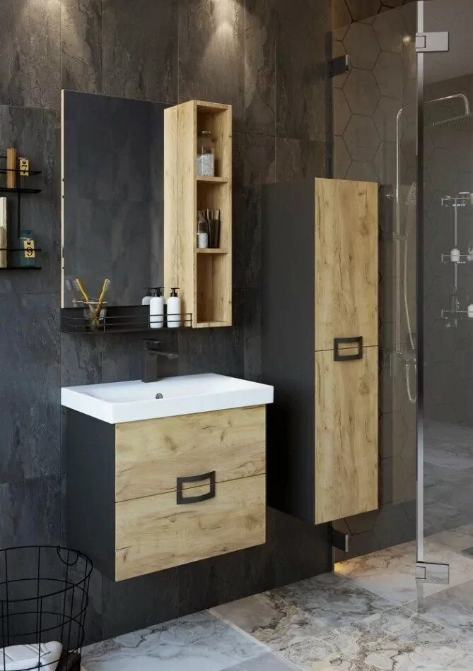 Пенал Sanflor Выборг 30 L/R подвесной, дуб крафт золотой/черный матовый