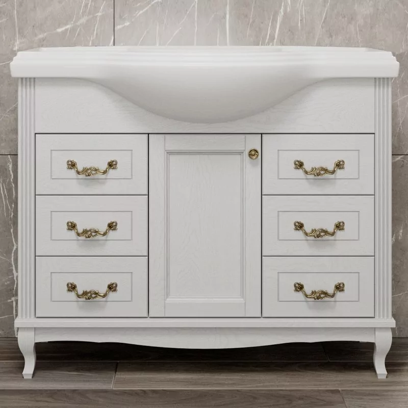 Тумба напольная ValenHouse Эллина 105/2 с раковиной Классик 105, 1 дверь, 6 ящиков, белый, бронза