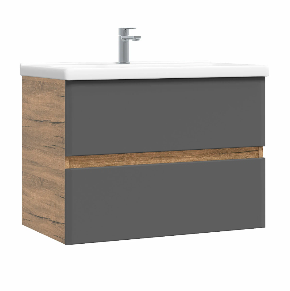 Тумба подвесная SanStar Graffa 80 с раковиной Миранда 80 Дуб вотан, графит софт