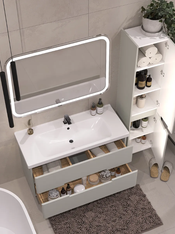 Тумба подвесная SanStar Ориана 100 с раковиной Миранда 100 (комплект), грей