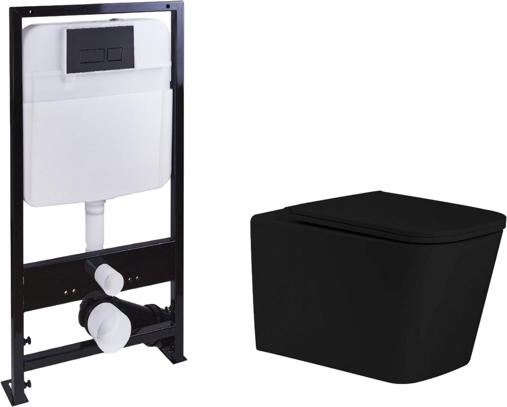 Унитаз подвесной SantiLine SL-5027MB+SL-04 с инсталляцией и кнопкой, черный