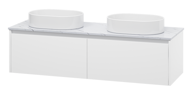 Тумба подвесная Misty Виста 150 с 2 раковинами и столешницей светлый мрамор, белый