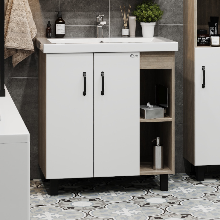 Тумба напольная Onika Тимбер 80 с раковиной Адриана 90, белый матовый, дуб сонома