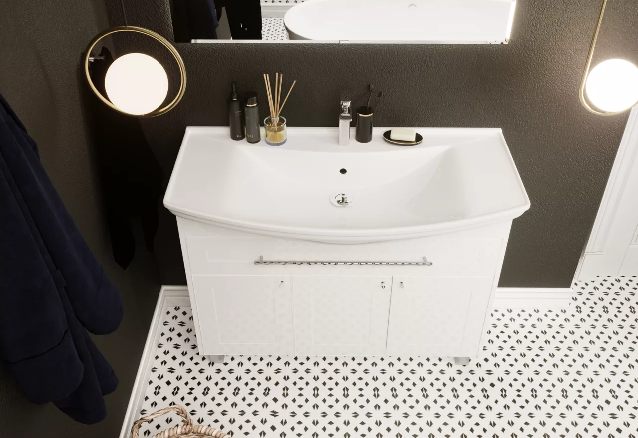 Тумба напольная 1Marka Lina Classic New 105Н с раковиной Стиль 105, 1 ящик, 3 двери, белый Тумба напольная 1Marka Lina Classic New 105Н с раковиной Стиль 105, 1 ящик, 3 двери, белый