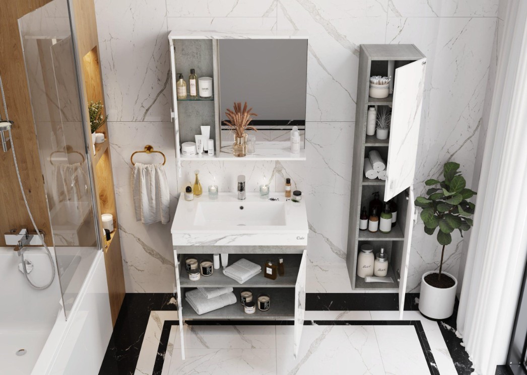 Зеркало с шкафчиком Onika Марбл 75 мрамор/камень бетонный, универсальный