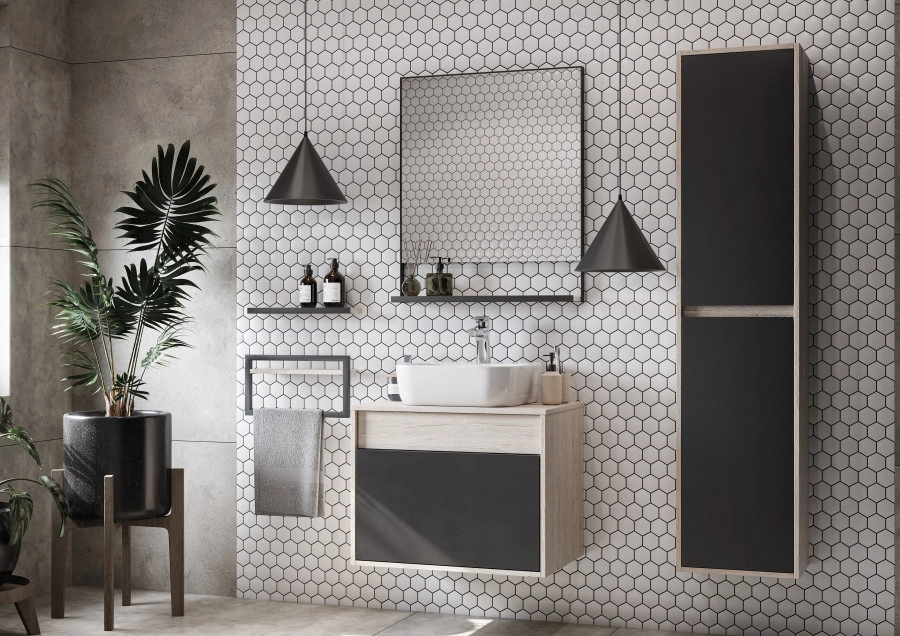 Тумба подвесная Aquaton Лофт Урбан 65 с раковиной MILA 35х50, серый графит, дуб орегон