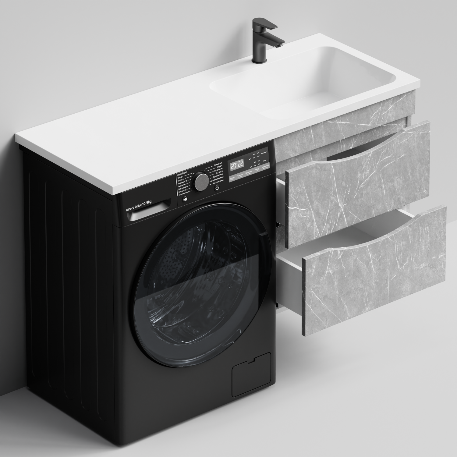 Тумба Vod-ok 58 с раковиной Смайл 120 подвесная, под стиральную машину, правая, Мрамор Белый софт тач