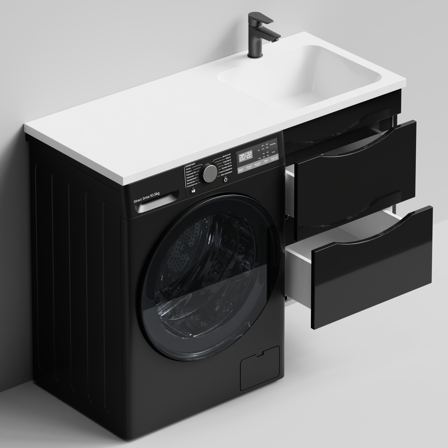 Тумба Vod-ok 48 с раковиной Смайл 110 подвесная, под стиральную машину, правая, черный глянец