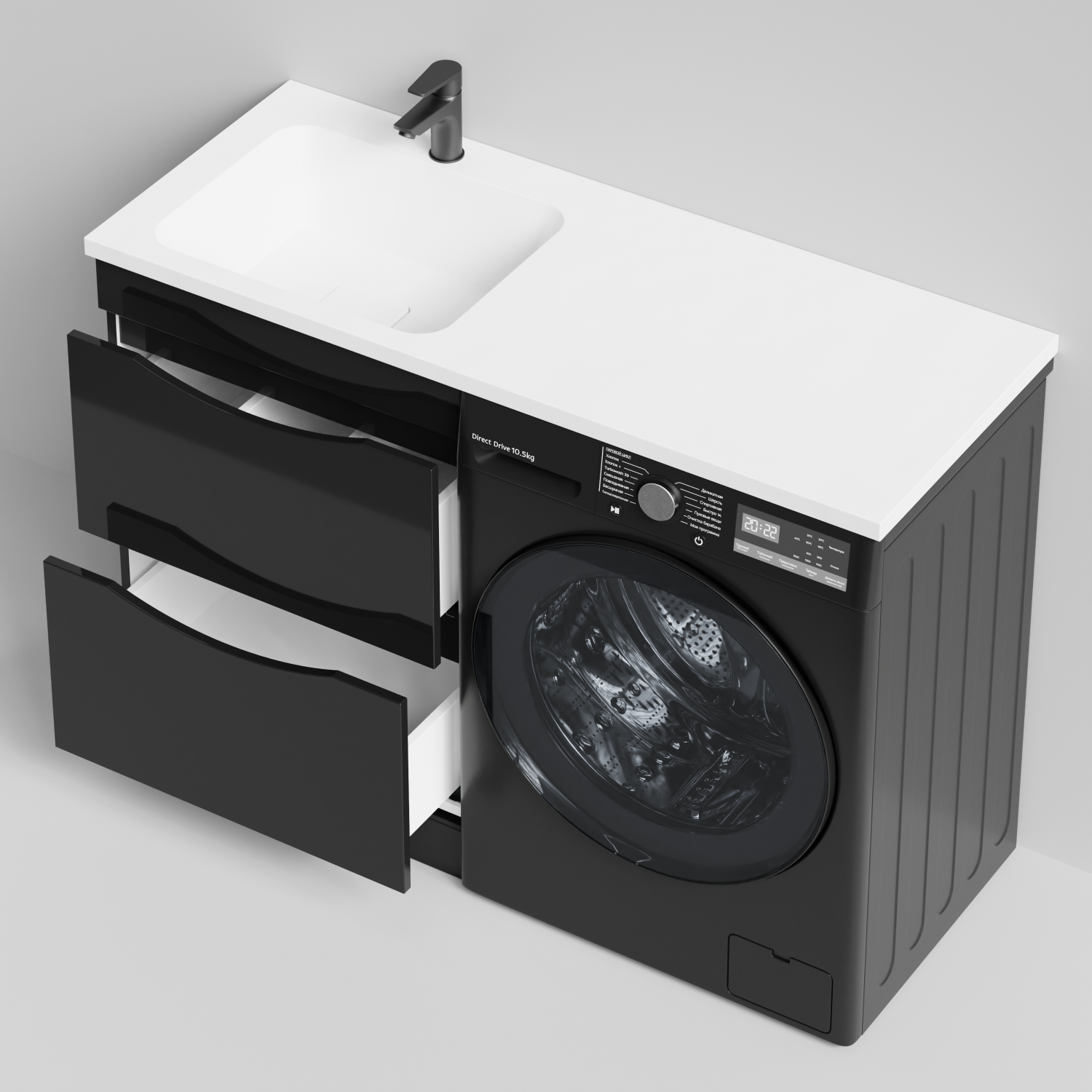 Тумба Vod-ok 58 с раковиной Смайл 120 напольная, под стиральную машину, левая, черный глянец