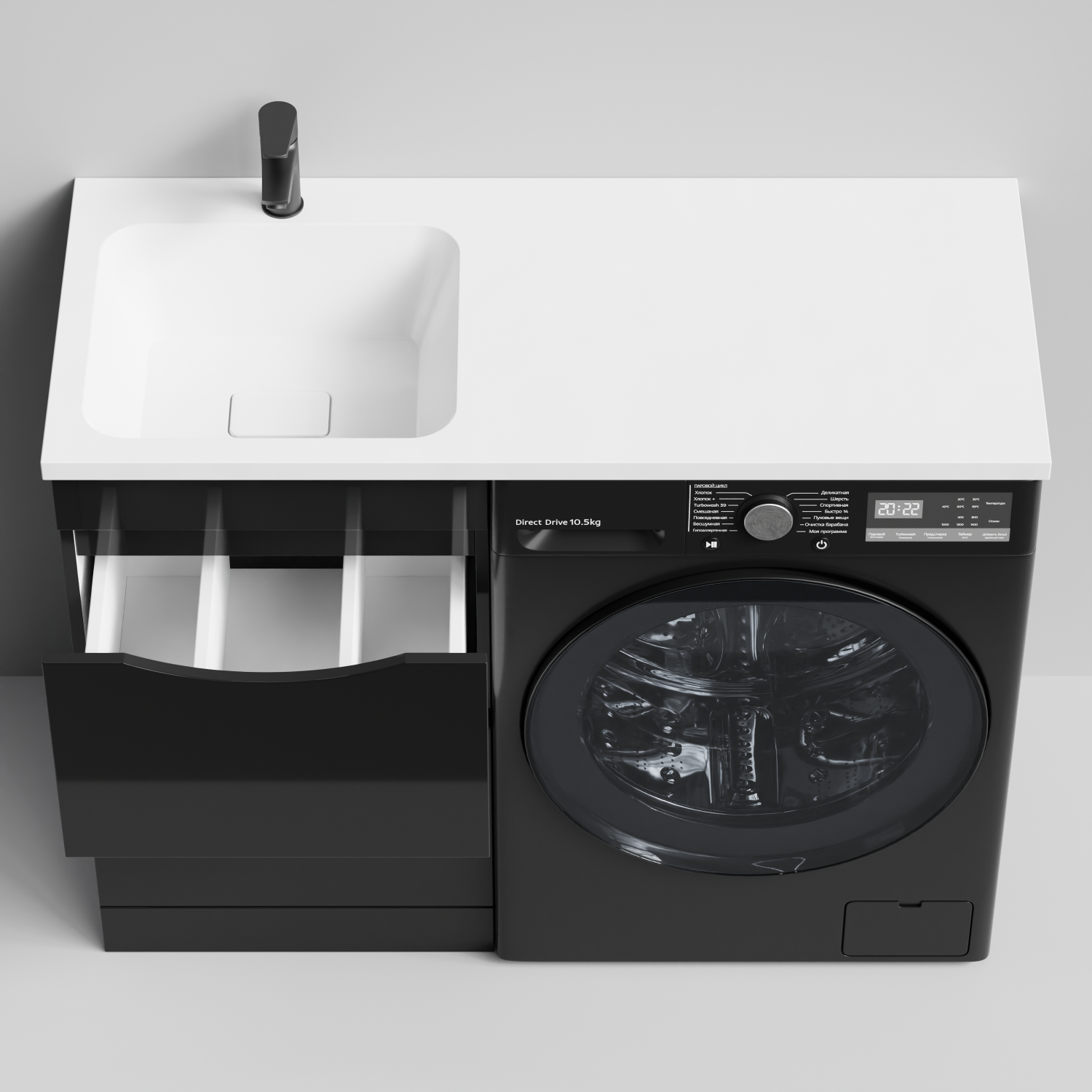 Тумба Vod-ok 48 с раковиной Смайл 110 напольная, под стиральную машину, левая, черный глянец