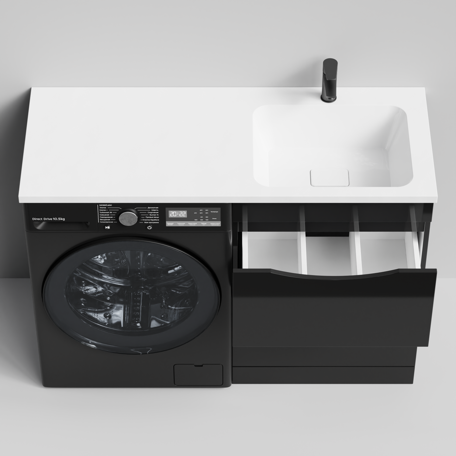 Тумба Vod-ok 58 с раковиной Смайл 120 напольная, под стиральную машину, правая, черный глянец