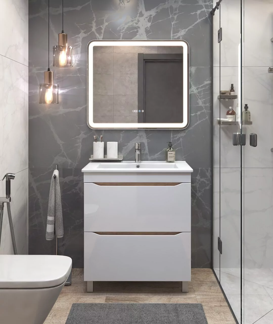 Тумба напольная Vigo Grani 60 с раковиной Элина 60, 2 ящика, белый/дуб сонома