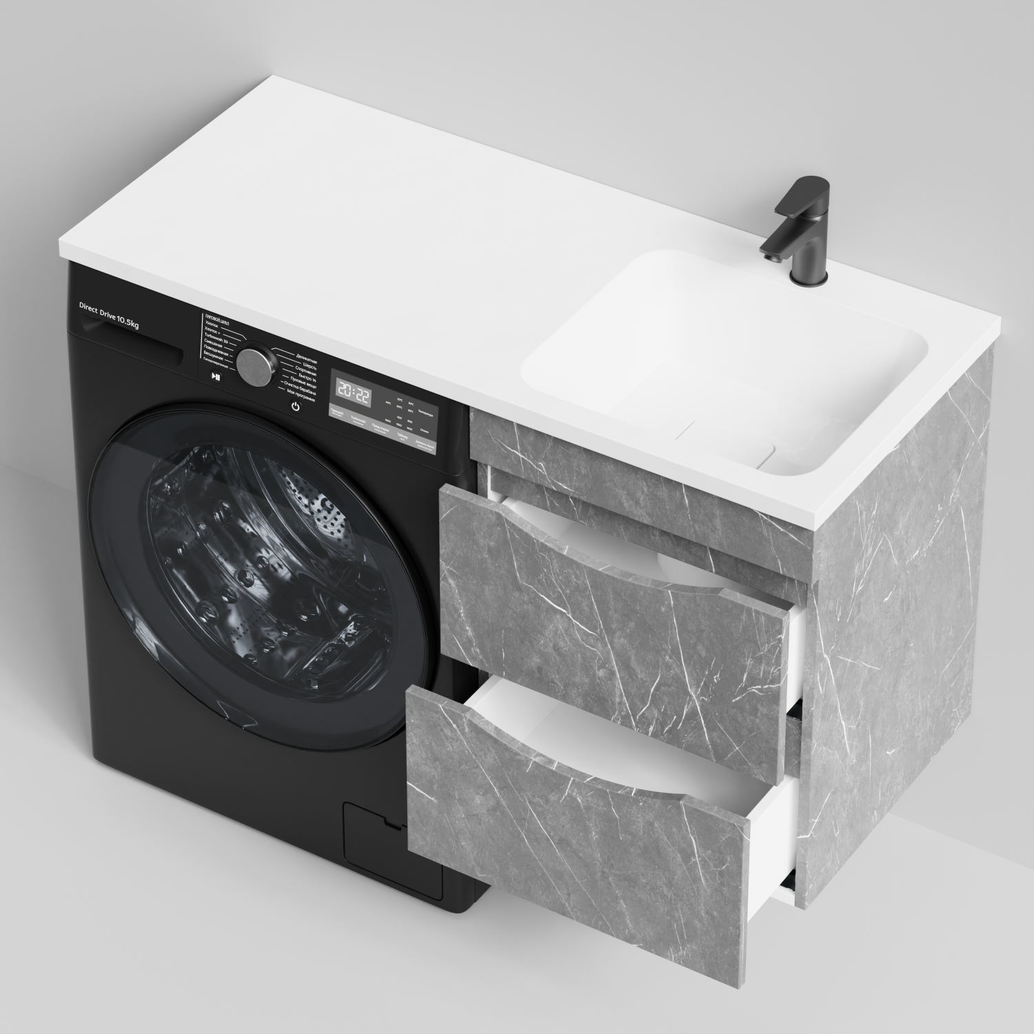 Тумба Vod-ok 48 с раковиной Смайл 110 подвесная, под стиральную машину, правая, Мрамор Серый софт тач