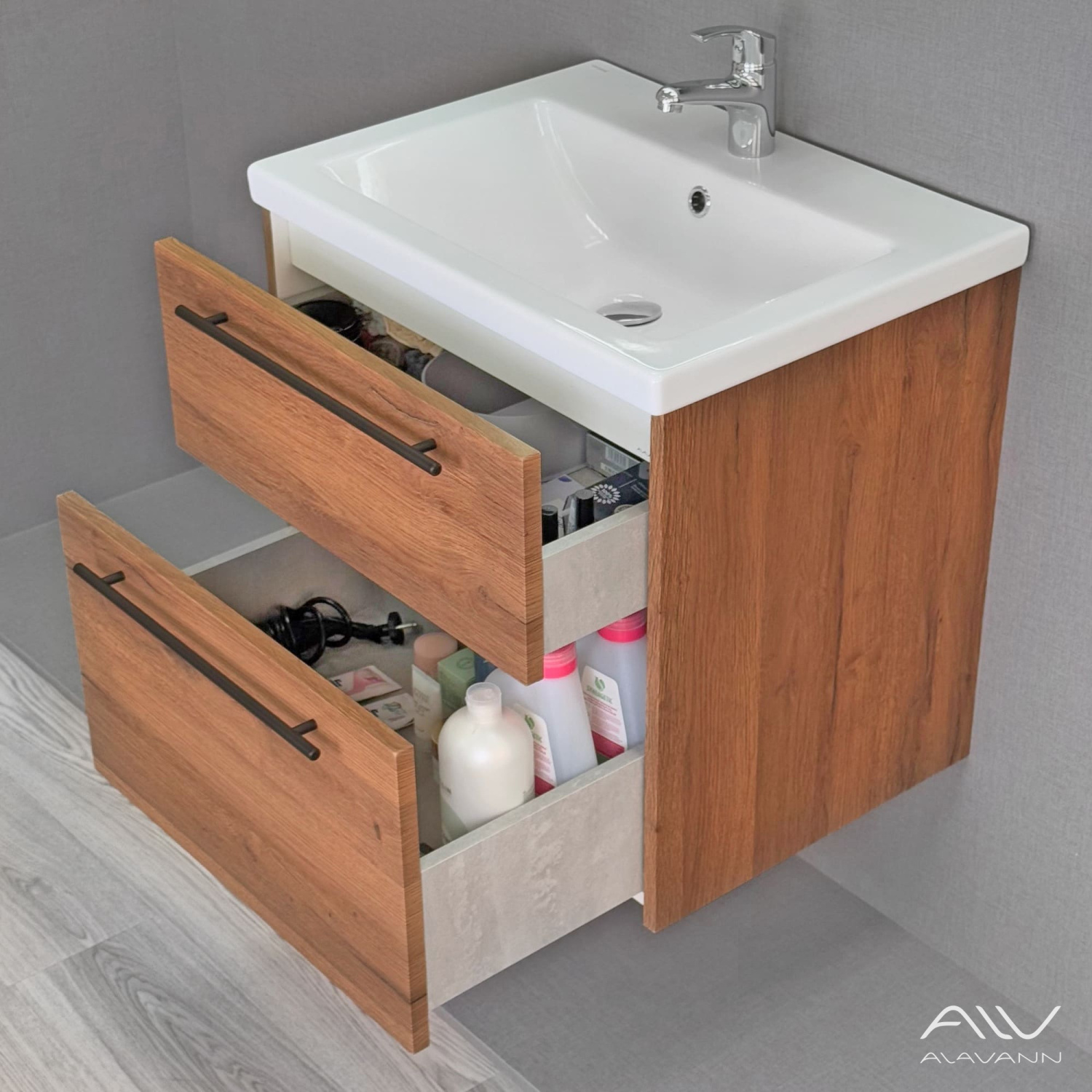 Тумба подвесная Alavann Rondo 60 с раковиной Como 60, дуб